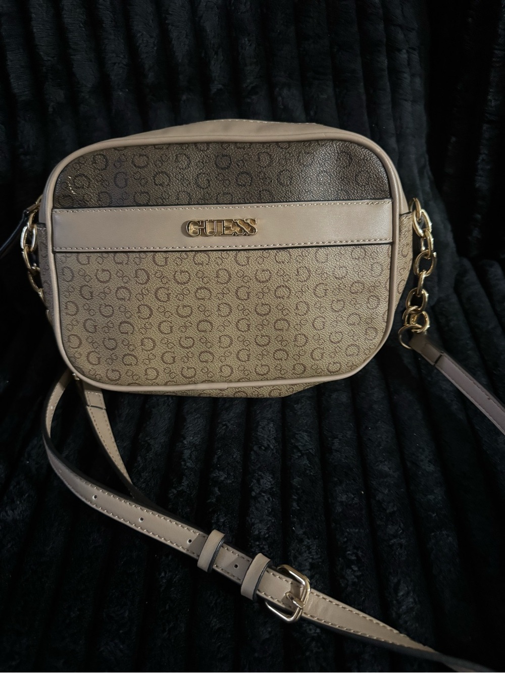 GUESS Taupe Logo Monogram Crossbody with Gold Hardware